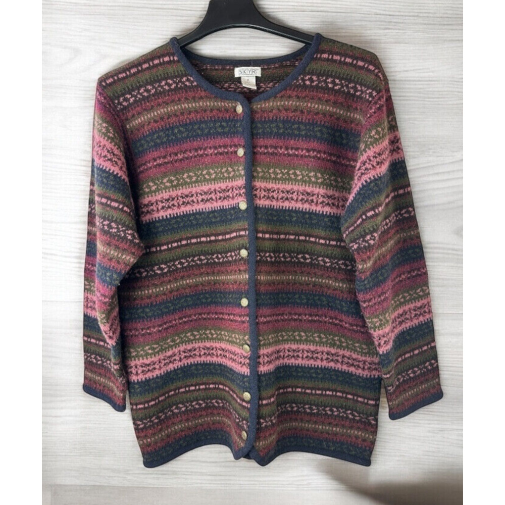 SKYR Vintage 100% Wool Cardigan Sweater Aztec Nordic Fair Isle Long Button Up XL - Picture 1 of 12